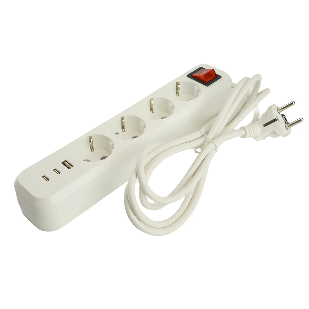 Удлинитель 4-местный с/з с выключ. STEKKER HM071-41-05 3x1мм2, 5м, 250В, 16А, 1USB+2C, 2.4A, сер Home, белый (50141) - Viokon.com