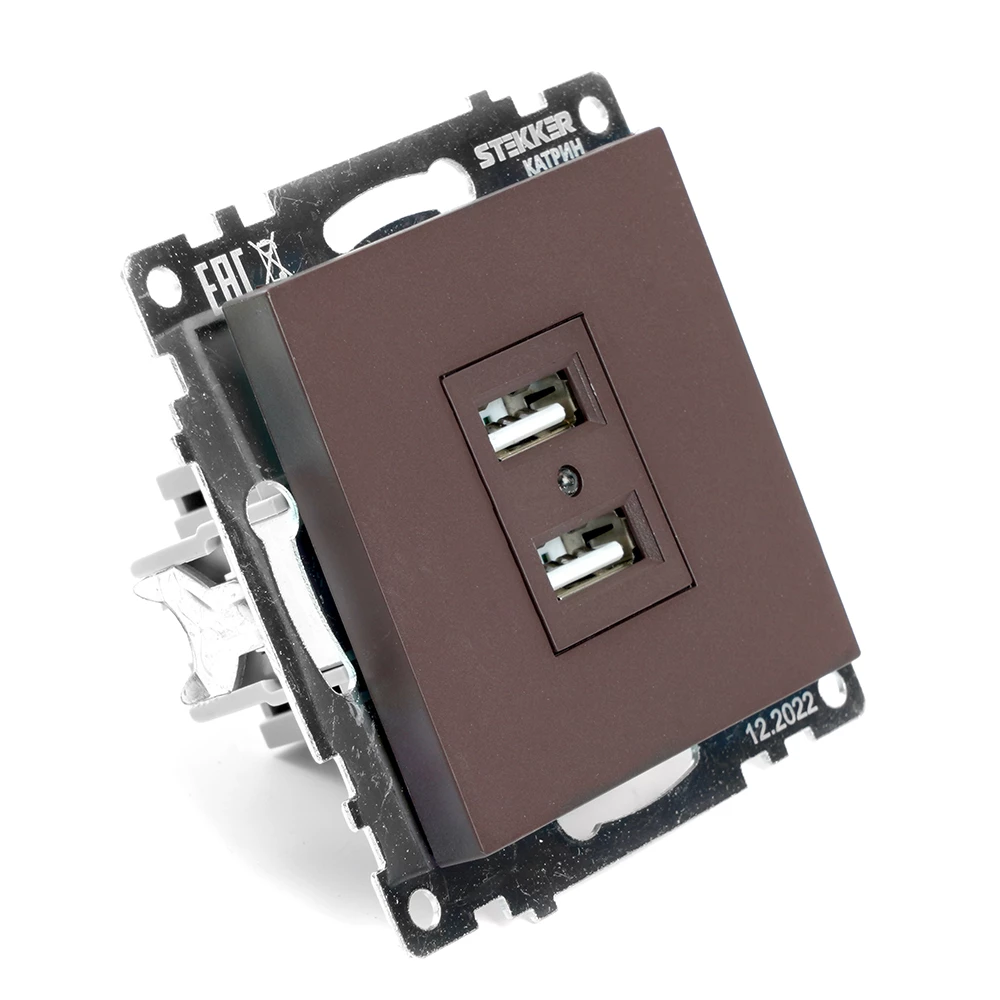 Розетка USB 2-местная (механизм), STEKKER GLS10-7115-04, 250B, 2,1А, серия Катрин, шоколад (49027) - Viokon.com
