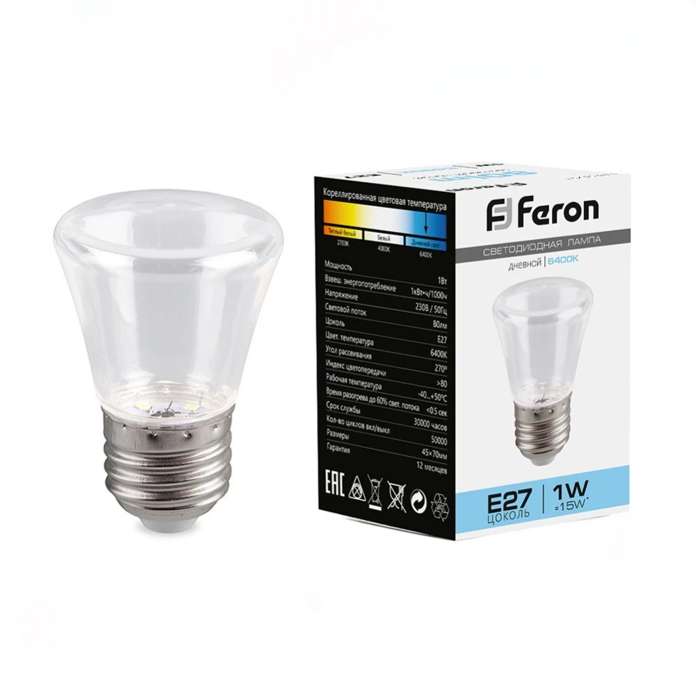 Лампа светодиодная Feron LB-372 Колокольчик прозрачный E27 1W 6400K (25908) - Viokon.com