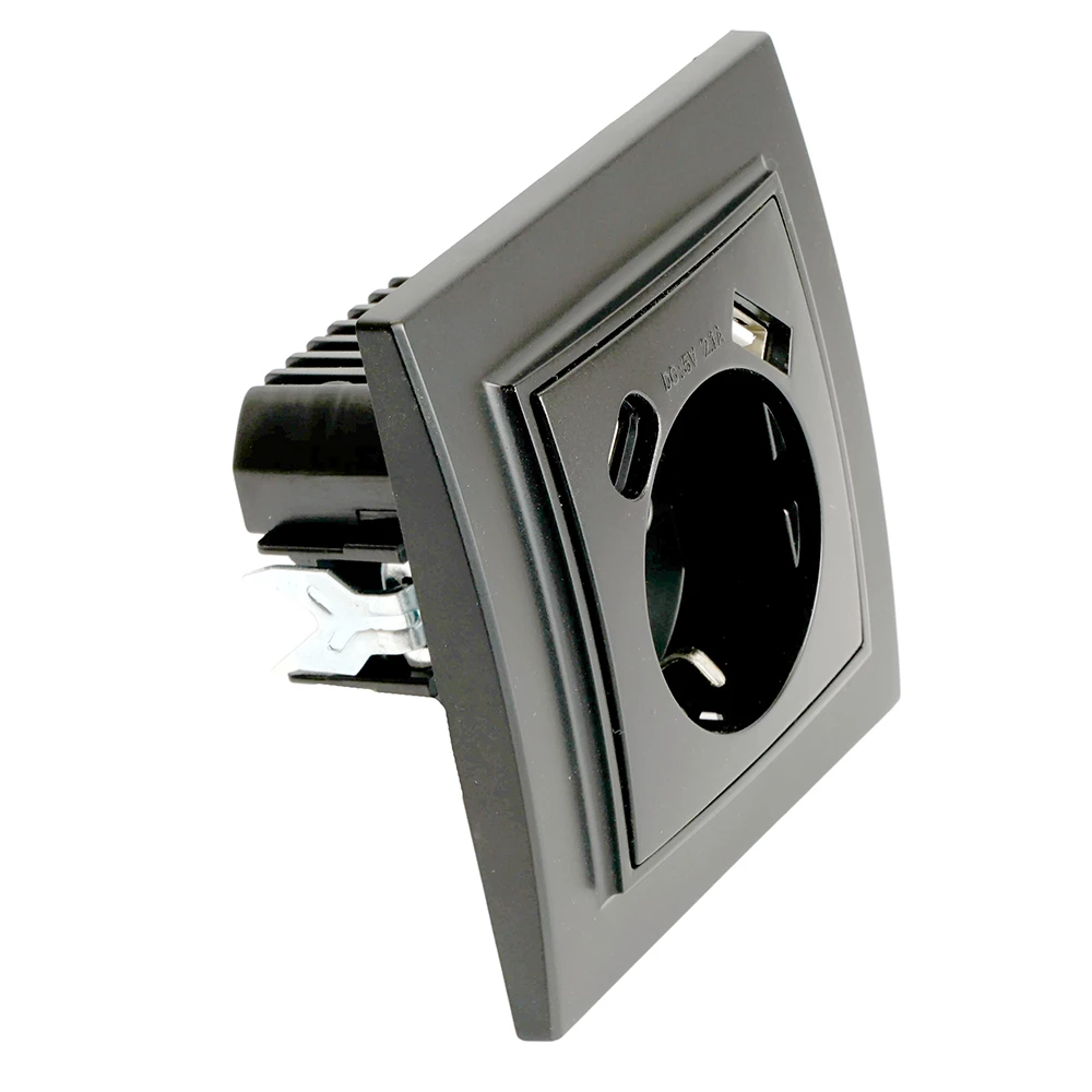 Розетка 1-местная с/з STEKKER, PST16-9016-03, 250В, 16А с USB+ type C, серия Эрна, черный (50078) - Viokon.com