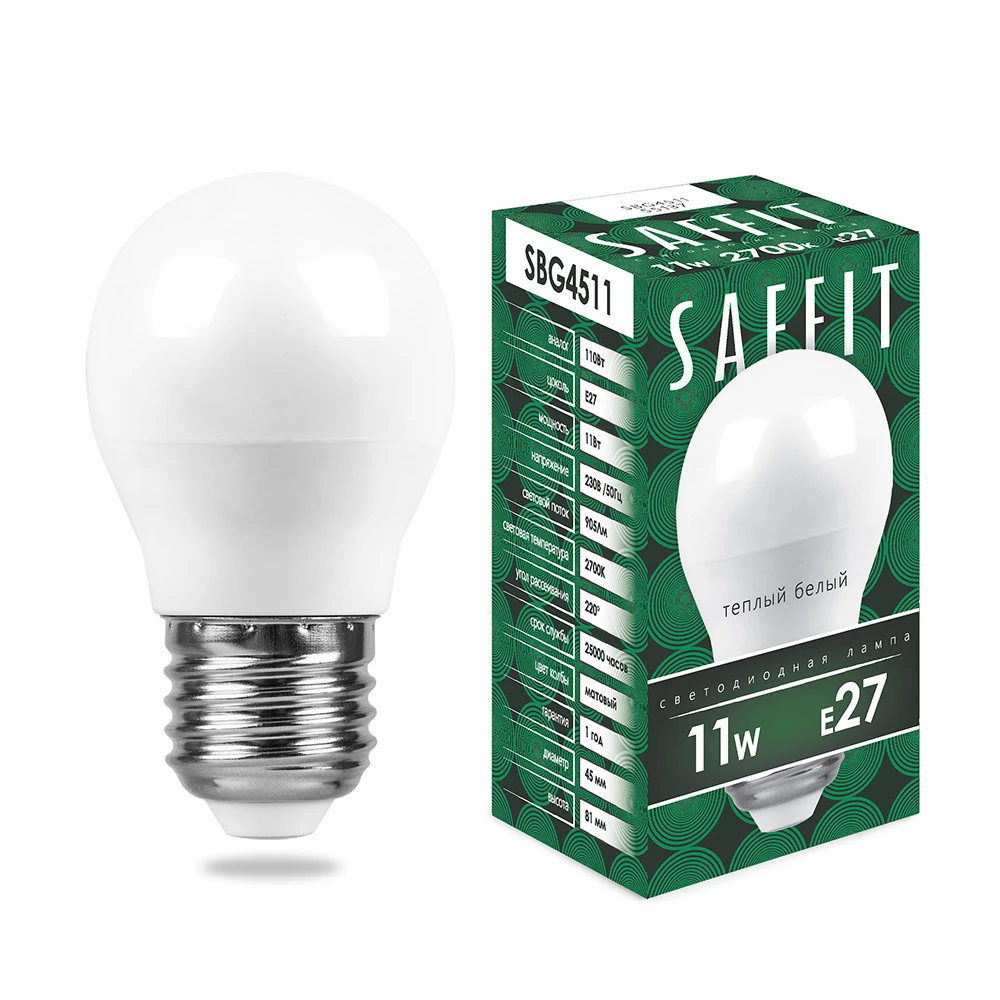 Лампа светодиодная SAFFIT SBG4511 Шарик E27 11W 230V 2700K (55137) - Viokon.com
