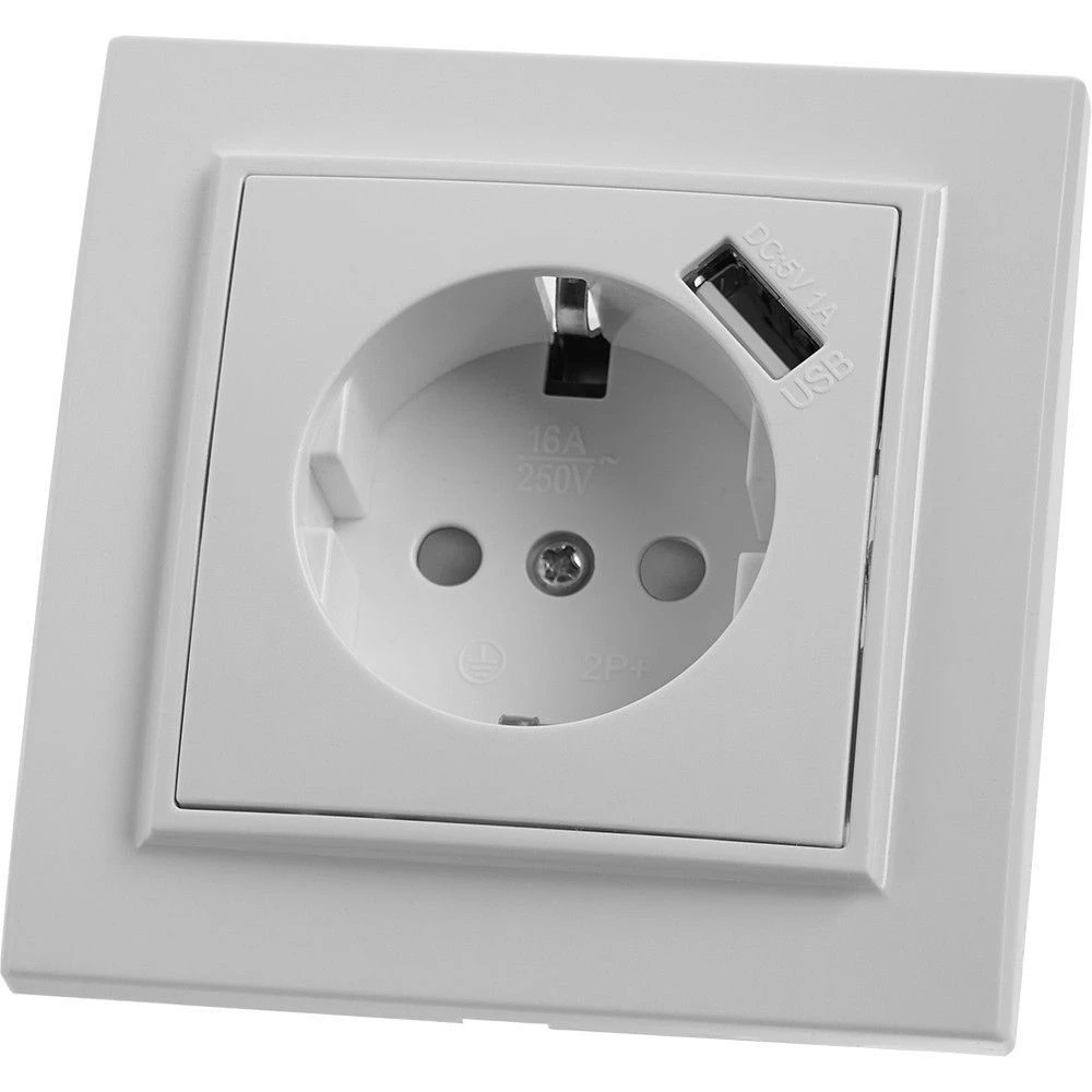 Розетка 1-местная с/з STEKKER, PST16-9011-01, 250В, 16А с защитной шторкой и с USB, серия Эрна, белый (39051) - Viokon.com