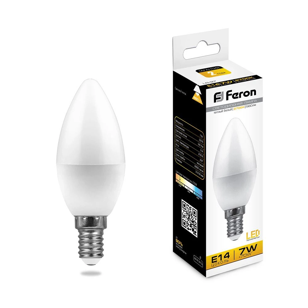 Лампа светодиодная Feron LB-97 Свеча E14 7W 175-265V 2700K (25475) - Viokon.com