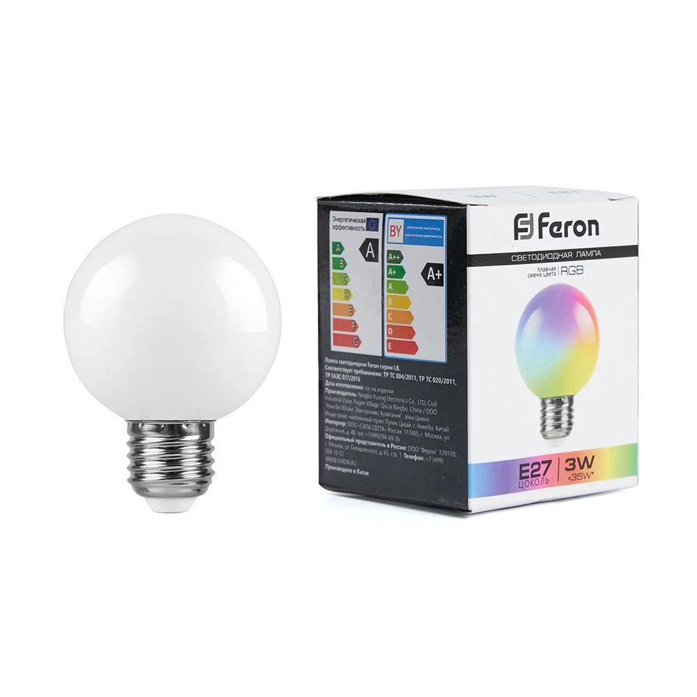 Лампа светодиодная Feron LB-371 Шар матовый E27 3W 230V RGB плавная сменая цвета (38115) - Viokon.com