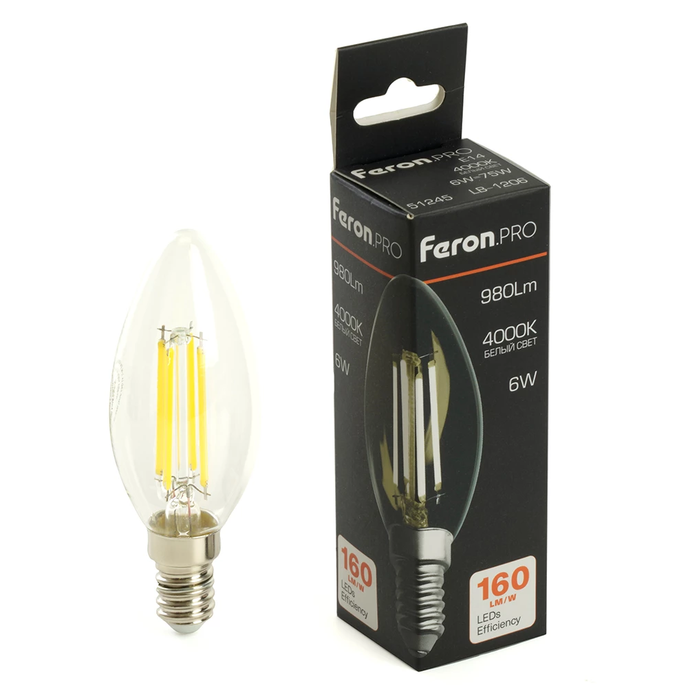 Лампа светодиодная Feron.PRO LB-1206 Свеча E14 960LM 6W 175-265V 2700K (51244) - Viokon.com