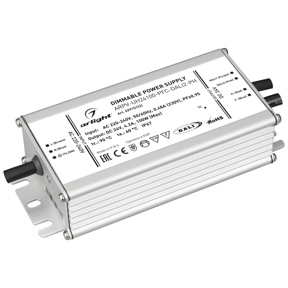 Блок питания ARPV-UH24100-PFC-DALI2-PH (24V, 4.2A, 100W) (Arlight, IP67 Металл, 7 лет) 029151(2) - Viokon.com