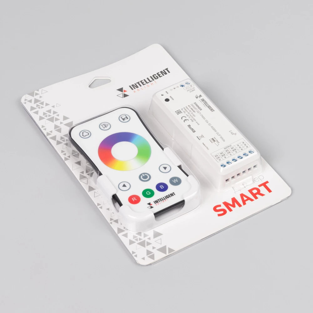 INTELLIGENT ARLIGHT Диммер SMART-SET-PWM-104-52-RGBW-SUF White (12-24V, 4x4A, ПДУ RING 10кн, 2.4G) (IARL, Контроллер) 036187 - Viokon.com