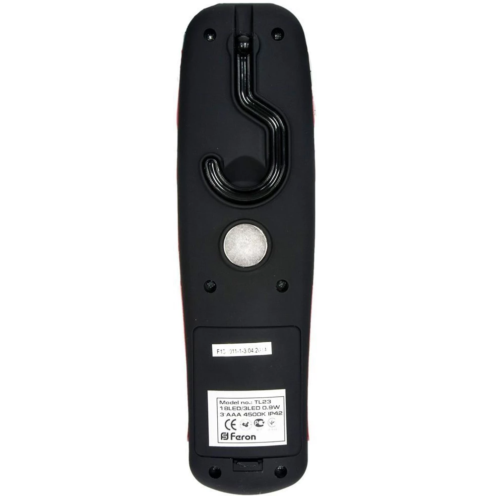 Фонарь с магнитным креплением 18+3LED 0.9W  (3хАА в комплект не входят), IP42, 210×60×30mm, чёрный с красным, TL23 (12961) - Viokon.com