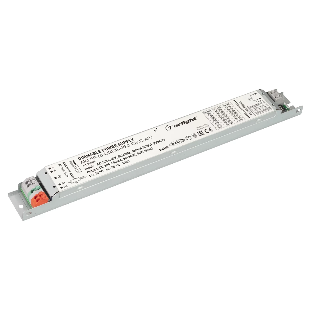 Блок питания ARJ-SP-60-LINEAR-PFC-DALI2-ADJ (60W, 80-300V, 0.2-0.5A) (Arlight, IP20 Металл, 5 лет) 035535 - Viokon.com