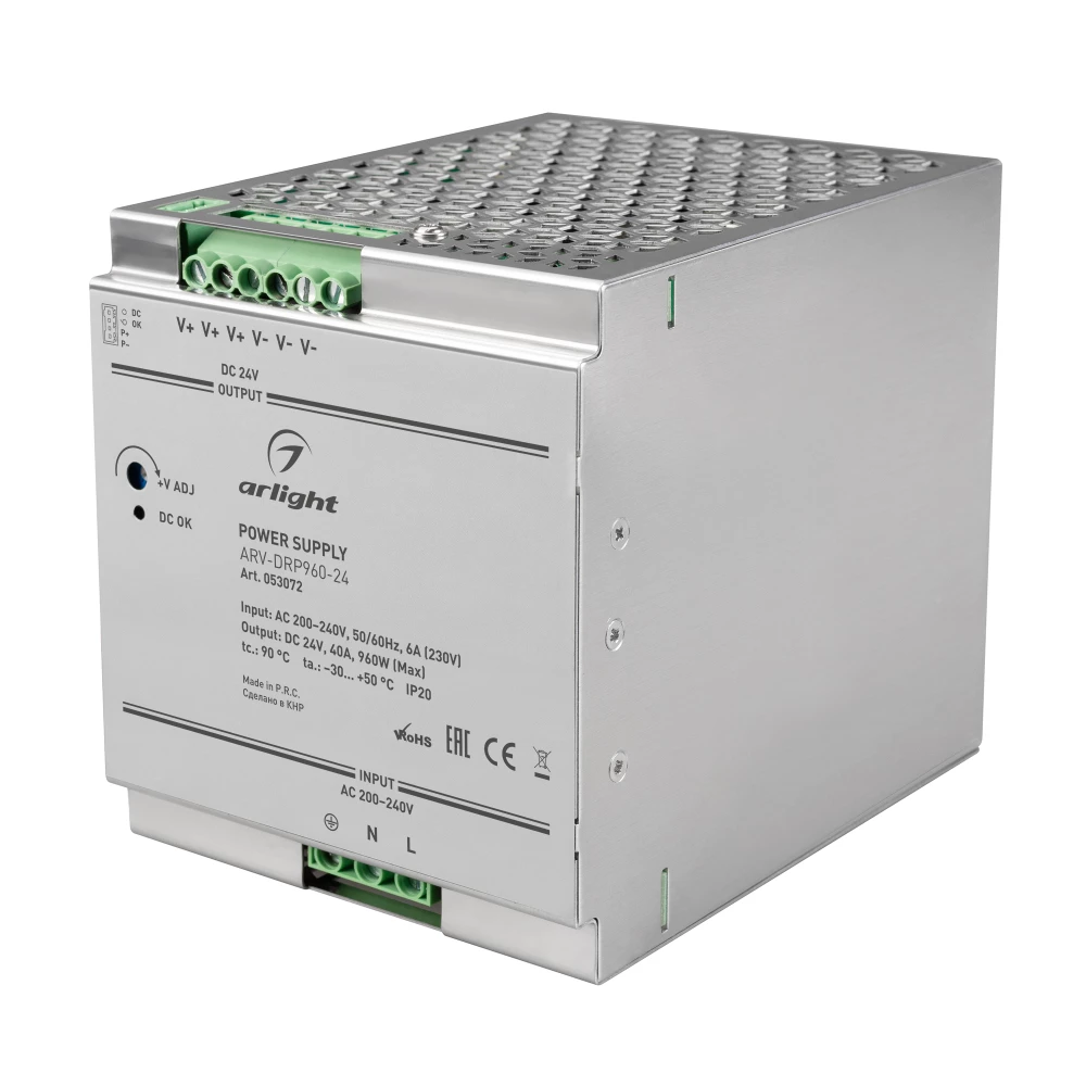 Блок питания ARV-DRP960-24 (24V, 40A, 960W, PFC) (Arlight, IP20 Металл, 5 лет) 053072 - Viokon.com