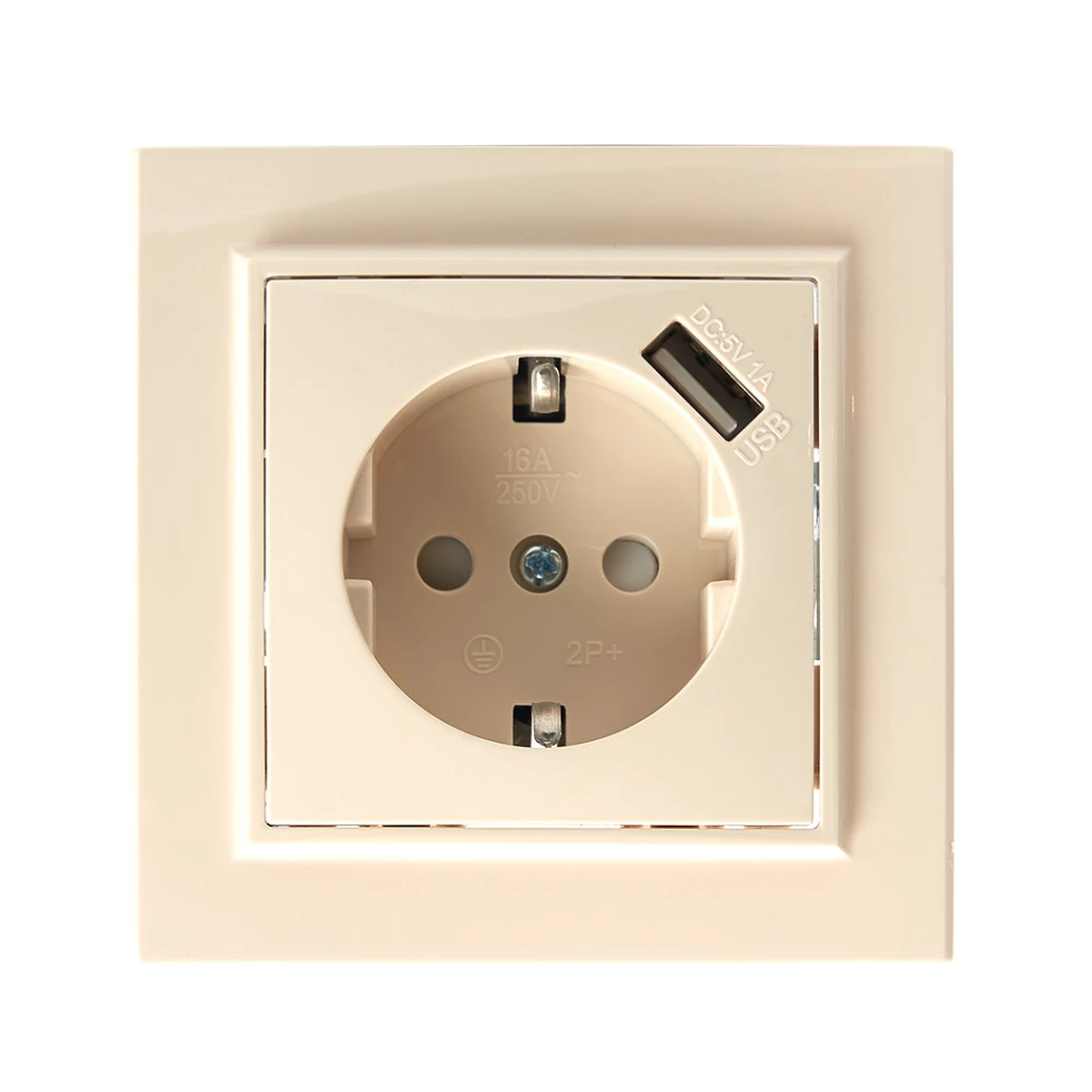 Розетка 1-местная с/з, STEKKER, PST16-9011-02 250В, 16А с защитной шторкой и с USB, серия Эрна, слоновая кость (39237) - Viokon.com