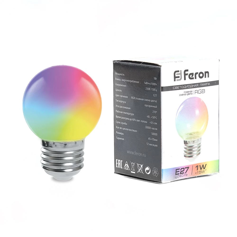 Лампа светодиодная Feron LB-37 Шарик матовый E27 1W 230V RGB быстрая смена цвета (38126) - Viokon.com