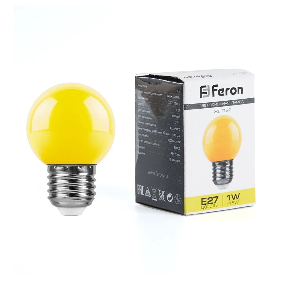 Лампа светодиодная Feron LB-37 Шарик матовый E27 1W 230V Желтый (25879) - Viokon.com