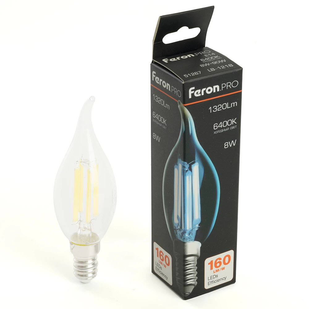 Лампа светодиодная Feron.PRO LB-1218 Свеча на ветру E14 1320LM 8W 175-265V 6400K (51267) - Viokon.com