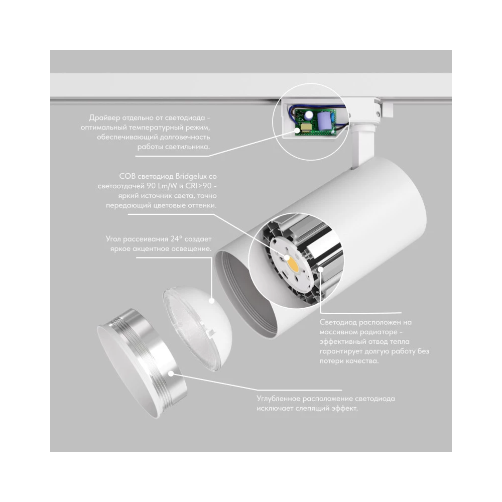 DK6456-WH Трековый светильник SOLID KOPER 155мм d80 220V LED 4000K 30W IP20 белый алюминий - Viokon.com