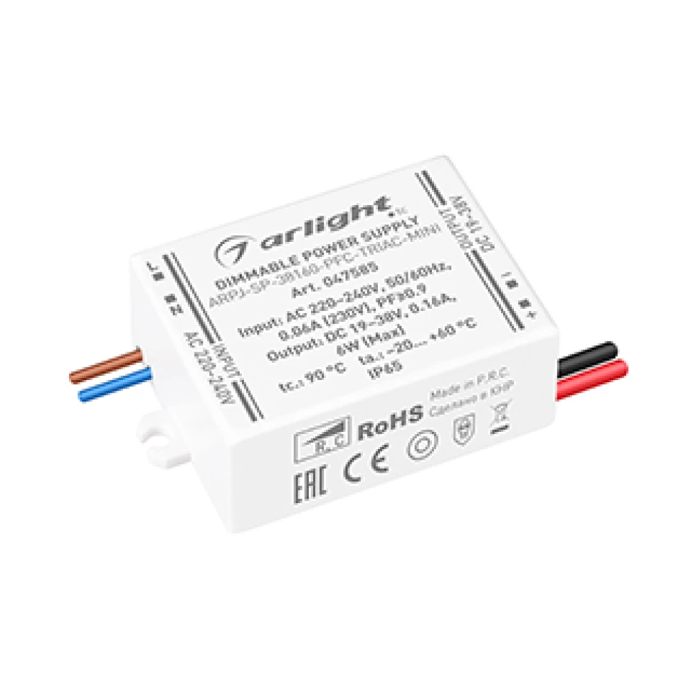Блок питания ARPJ-SP-38160-PFC-TRIAC-MINI (6W, 19-38V, 160mA) (Arlight, IP65 Пластик, 5 лет) 047585 - Viokon.com