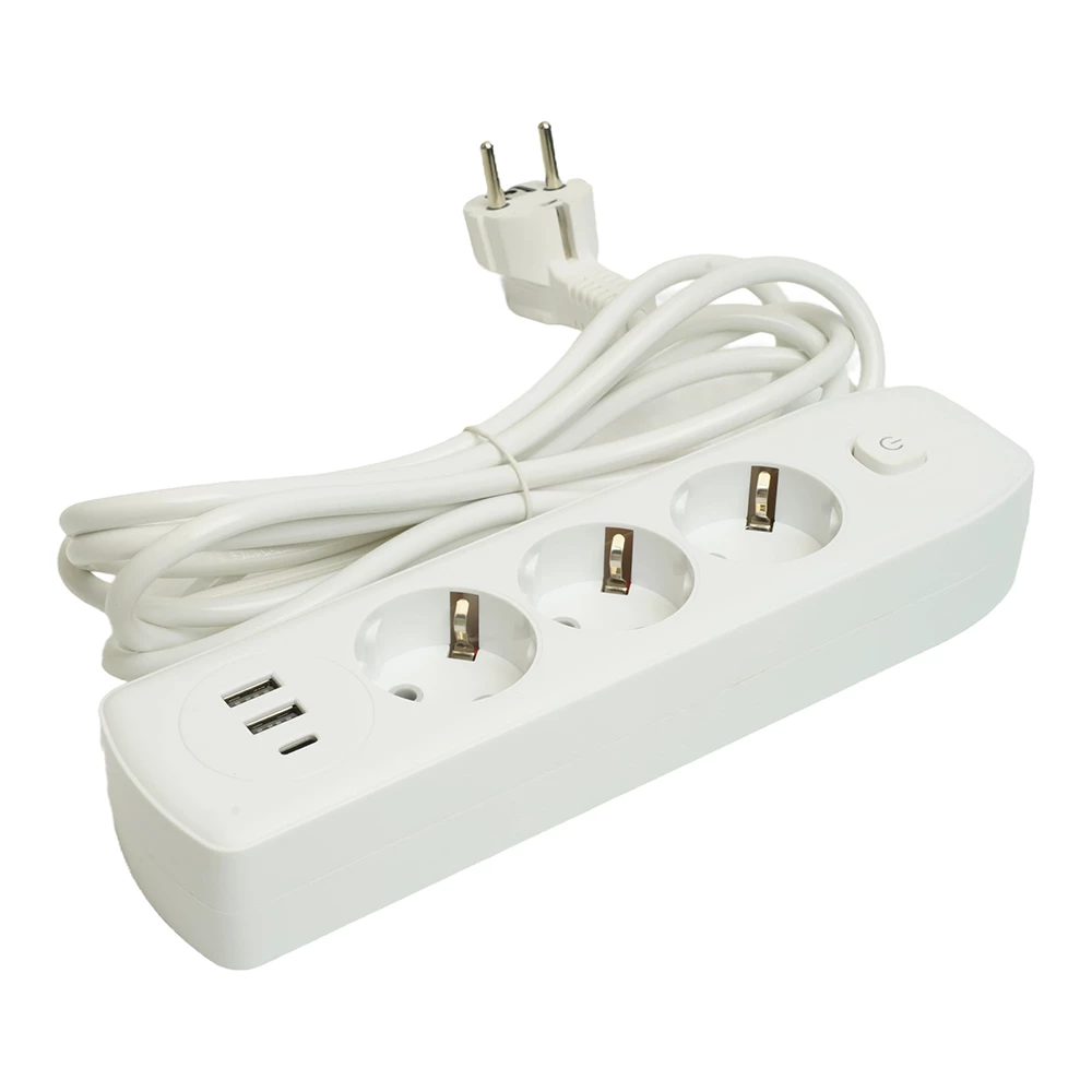 Удлинитель 3-местный c/з 3x1 мм2, 3 м, 250В, 10А, 2USB+1Type-C 2,4А, серия Home plus, белый STEKKER HM08-33-02 (49977) - Viokon.com