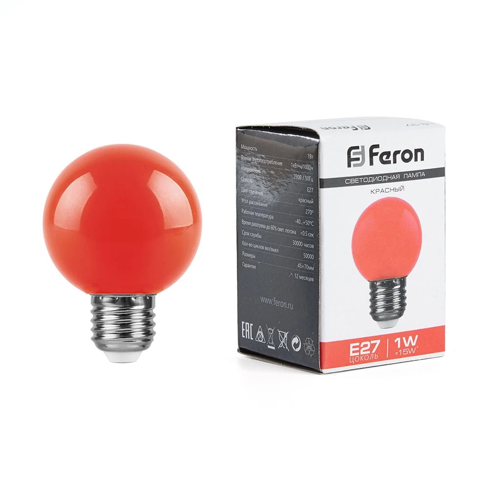 Лампа светодиодная Feron LB-37 Шарик матовый E27 1W 230V Красный (25116) - Viokon.com