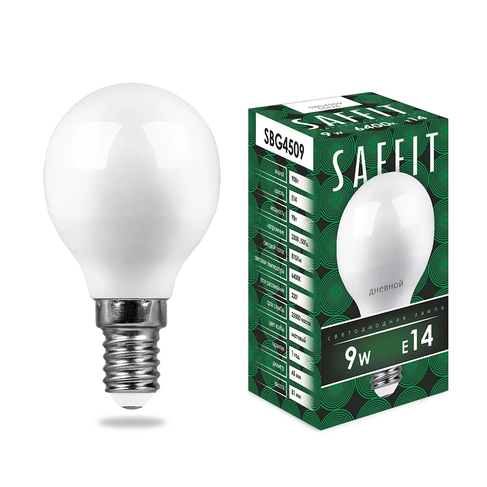 Лампа светодиодная SAFFIT SBG4509 Шарик E14 9W 230V 6400K (55125) - Viokon.com