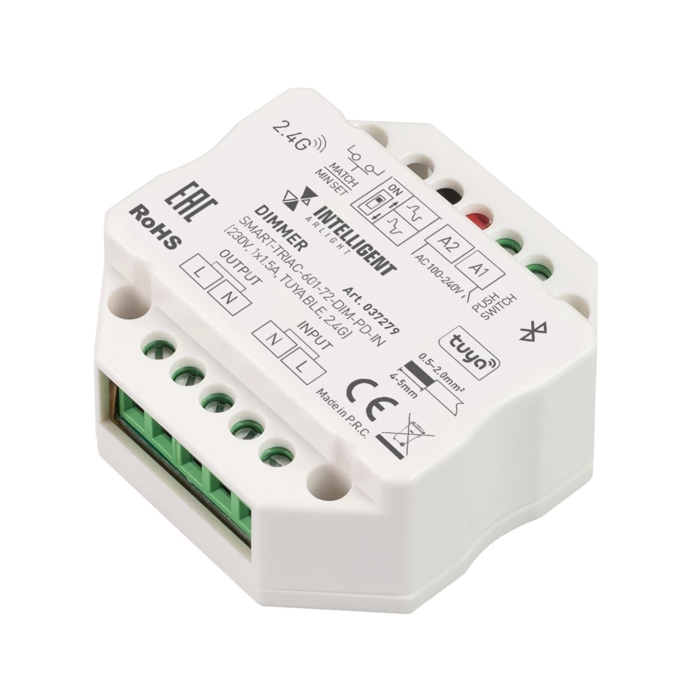 INTELLIGENT ARLIGHT Диммер SMART-TRIAC-601-72-DIM-PD-IN (230V, 1x1.5A, TUYA BLE, 2.4G) (IARL, IP20 Пластик, 5 лет) 037279 - Viokon.com