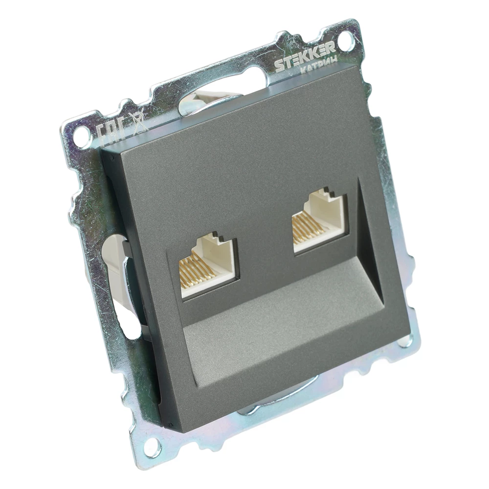 Розетка компьютерная 2-местная RJ-45 (механизм) STEKKER GLS00-7109-06 , серия Катрин, графит (50008) - Viokon.com