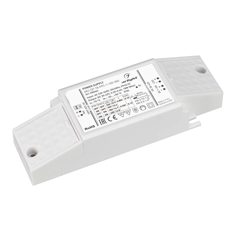 Блок питания ARJ-SP-18-PFC-1-10V-INS (18W, 250-400mA) (Arlight, IP20 Пластик, 5 лет) 030464 - Viokon.com