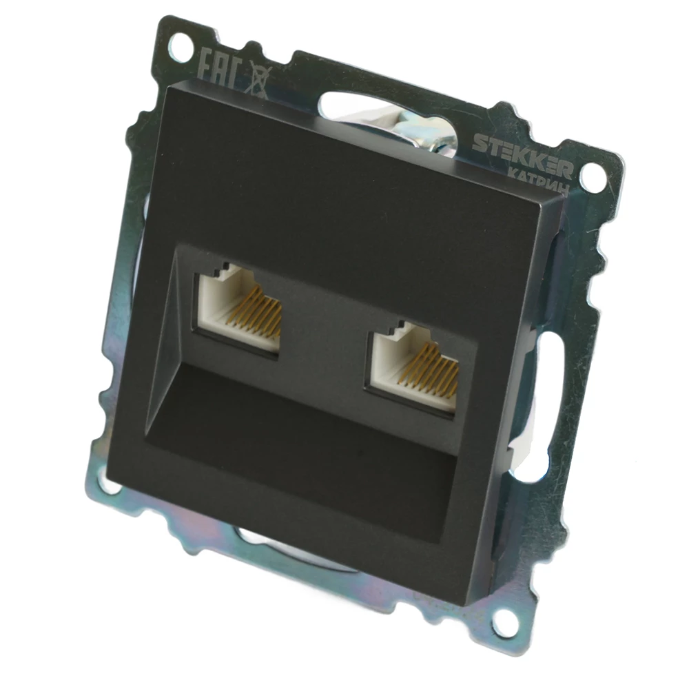 Розетка компьютерная 2-местная RJ-45 (механизм) STEKKER GLS00-7109-06 , серия Катрин, графит (50008) - Viokon.com