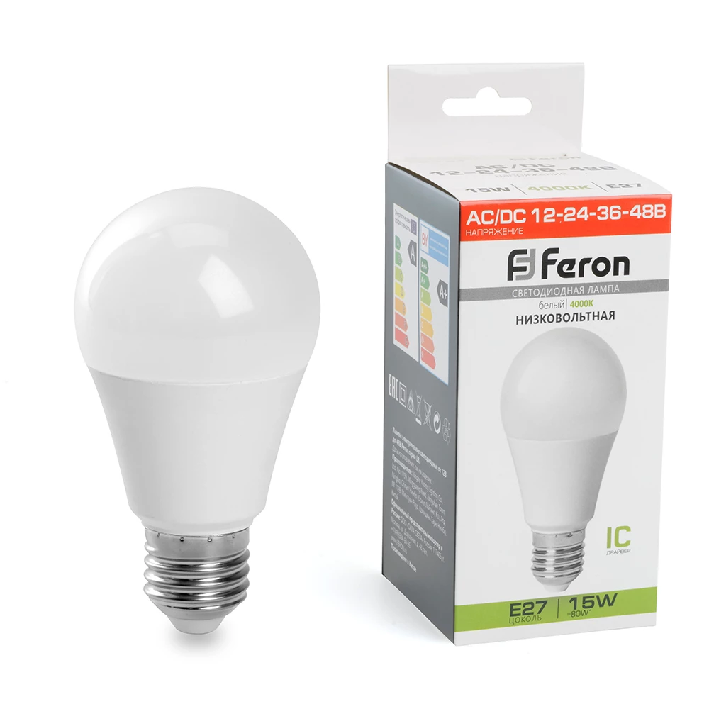 Лампа светодиодная низковольтная Feron LB-194 Шар E27 15W 12-48V 4000K (48730) - Viokon.com