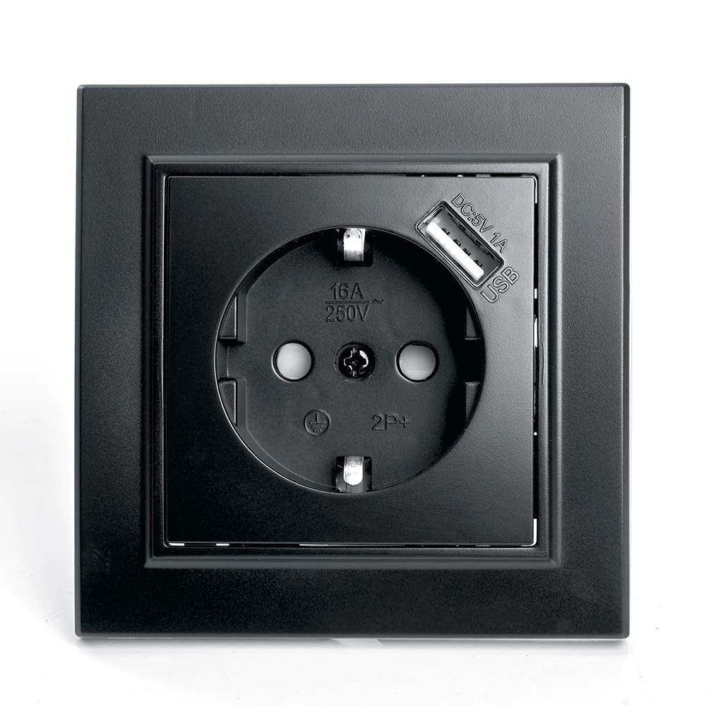 Розетка 1-местная c/з и с USB STEKKER, PST16-9011-03, 250В, 16А, с защитной шторкой, серия Эрна, черный (39480) - Viokon.com