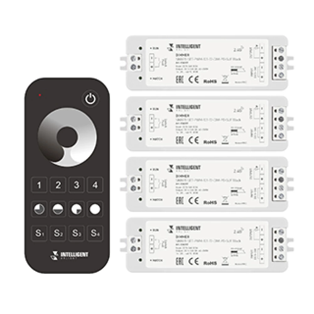 INTELLIGENT ARLIGHT Диммер SMART-SET-PWM-101-72-DIM-PD-SUF Black (5-36V, 1x8A, x4, ПДУ 13кн, 2.4G) (IARL, IP20 Пластик, 5 лет) 036201 - Viokon.com