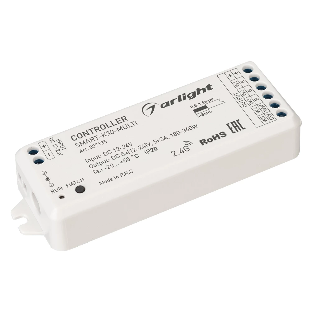 Контроллер SMART-K30-MULTI (12-24V, 5x3A, RGB-MIX, 2.4G) (Arlight, IP20 Пластик, 5 лет) 027135 - Viokon.com