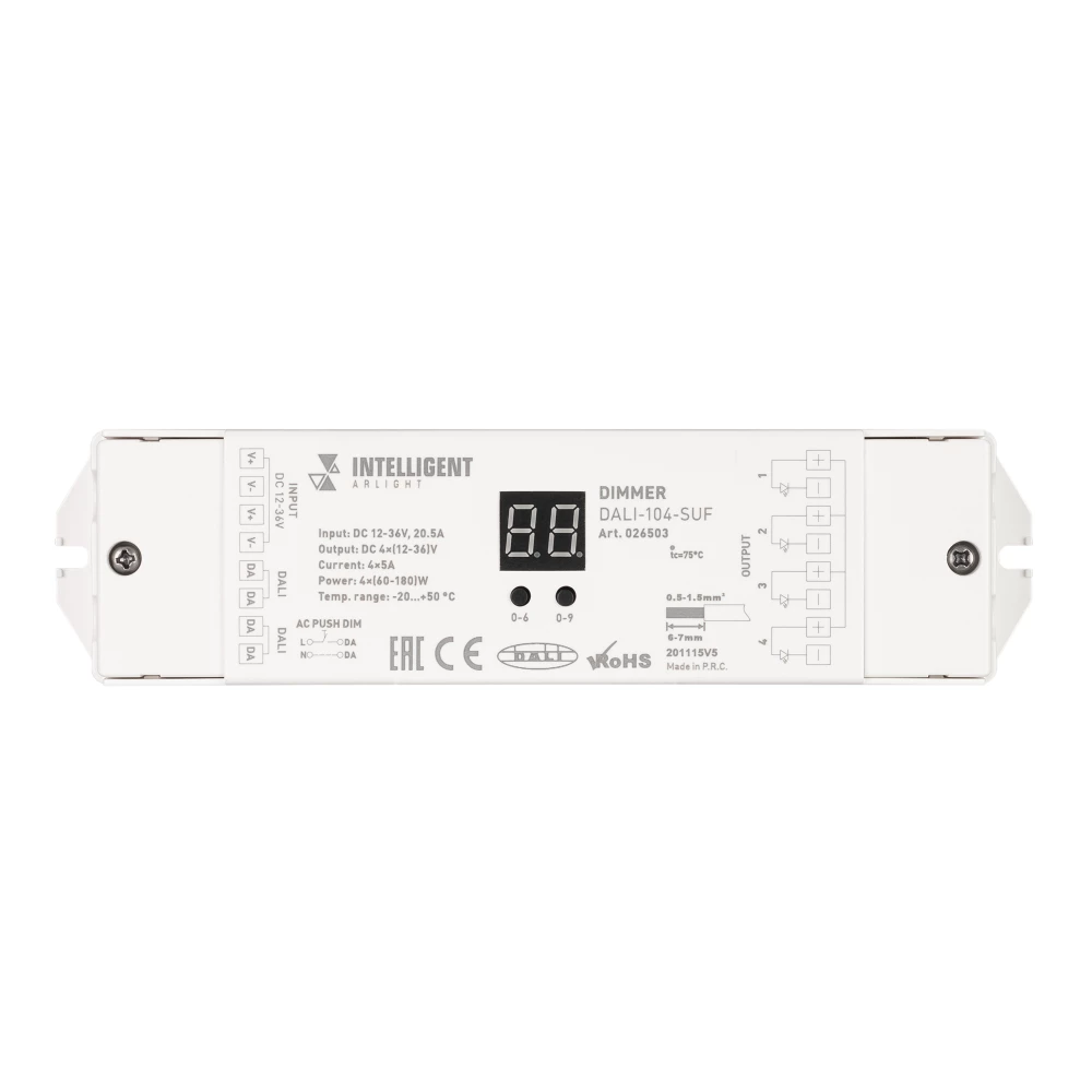 INTELLIGENT ARLIGHT Диммер DALI-104-SUF (12-36V, 4х5А) (IARL, IP20 Пластик, 3 года) 026503 - Viokon.com