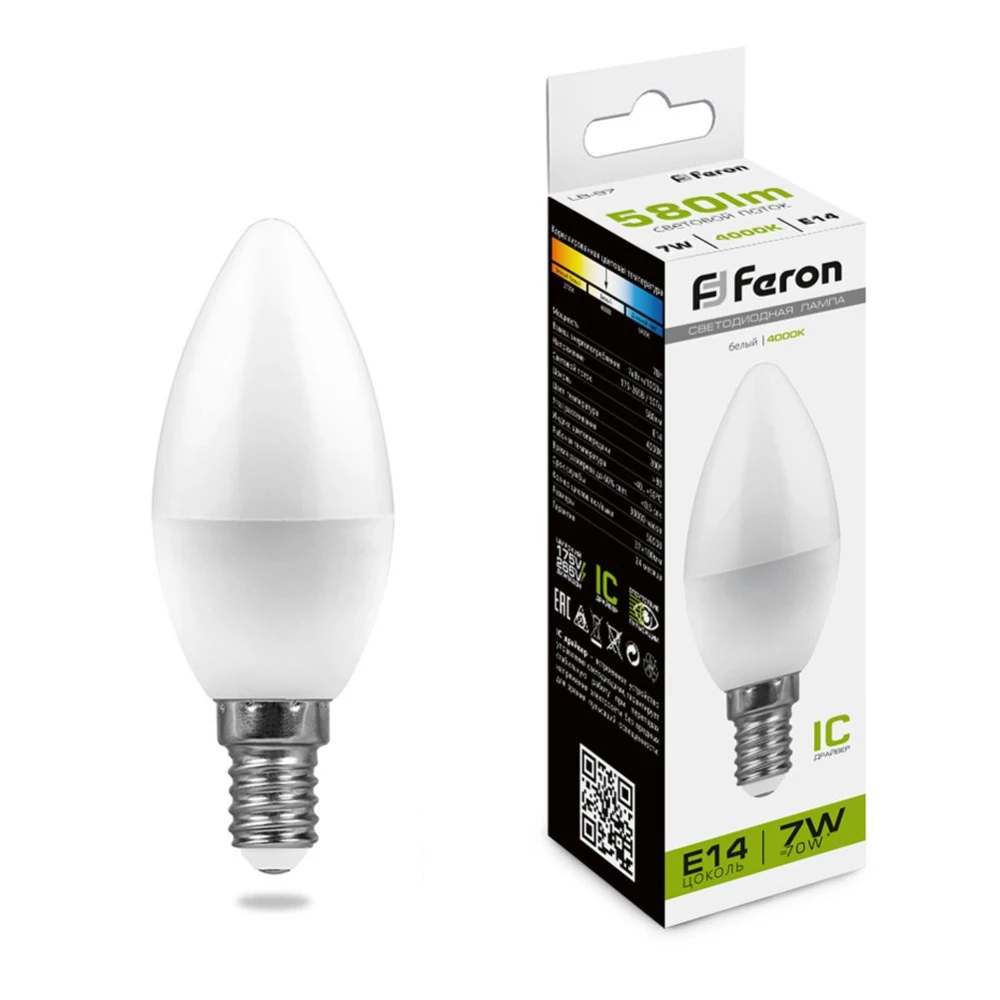 Лампа светодиодная Feron LB-97 Свеча E14 7W 175-265V 4000K (25476) - Viokon.com