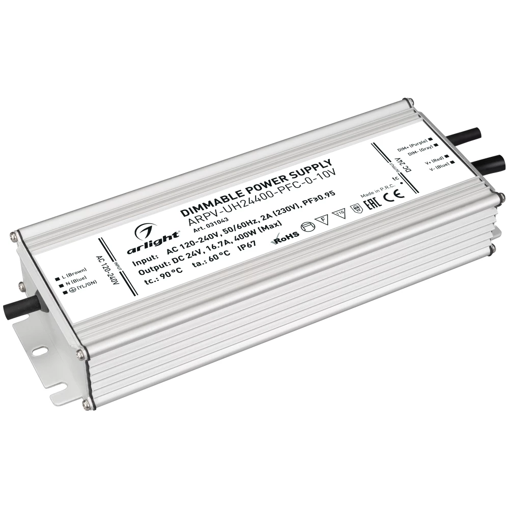 Блок питания ARPV-UH24400-PFC-0-10V (24V, 16.7A, 400W) (Arlight, IP67 Металл, 7 лет) 031043 - Viokon.com