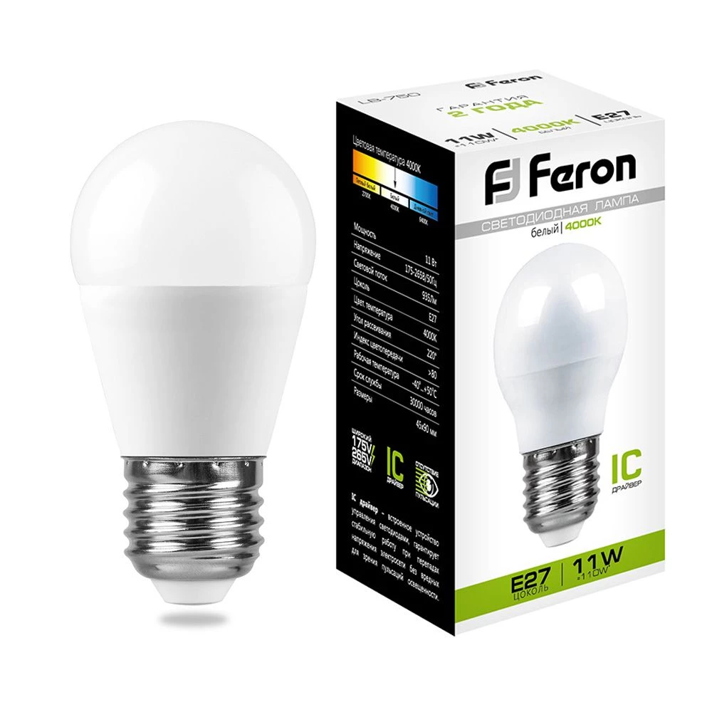Лампа светодиодная Feron LB-750 Шарик E27 11W 175-265V 4000K (25950) - Viokon.com
