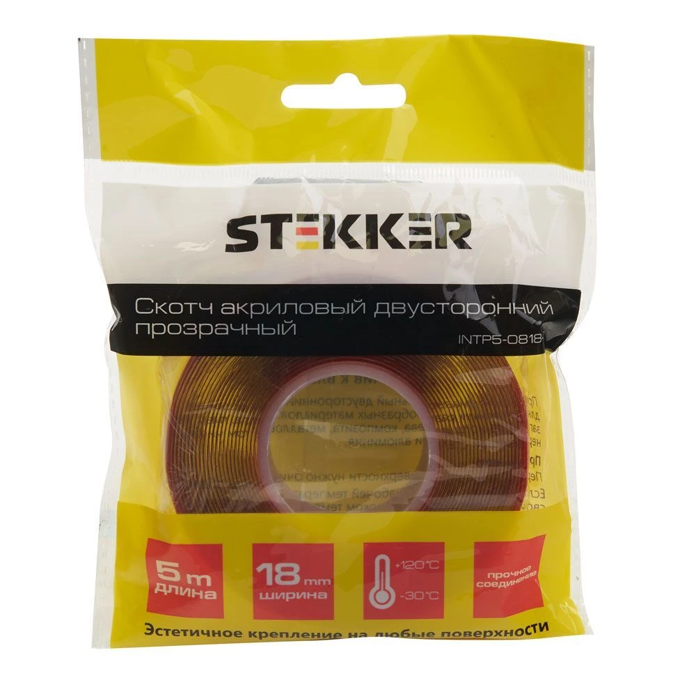 Скотч акриловый двусторонний STEKKER INTP5-0818-5 0,8*18 мм,длина 5м, прозрачный , красная подложка (39146) - Viokon.com