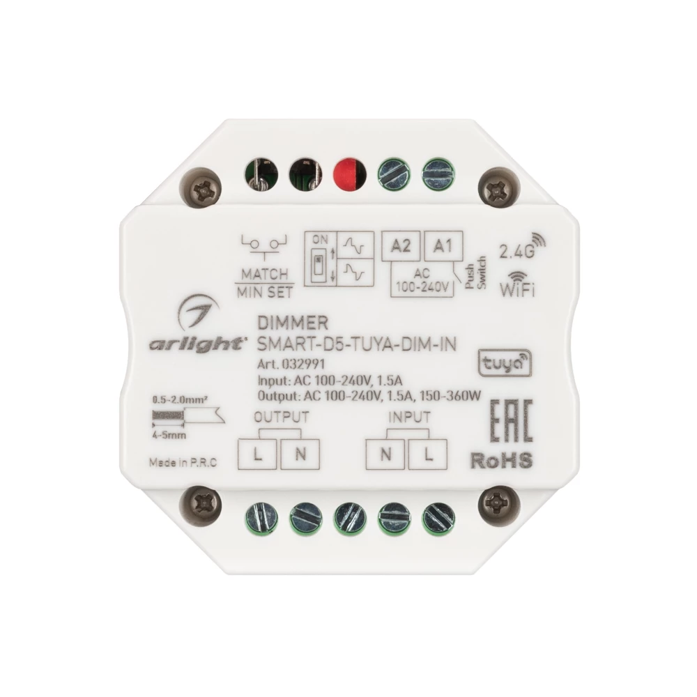 Диммер SMART-D5-TUYA-DIM-IN (230V, 1.5A, TRIAC, WiFi, 2.4G) (Arlight, IP20 Пластик, 5 лет) 032991 - Viokon.com