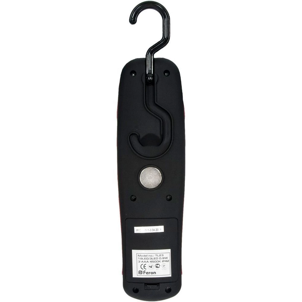 Фонарь с магнитным креплением 18+3LED 0.9W  (3хАА в комплект не входят), IP42, 210×60×30mm, чёрный с красным, TL23 (12961) - Viokon.com