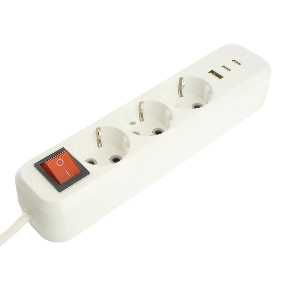 Удлинитель 3-местный с/з с выключ. STEKKER HM071-31-05 3x1мм2, 5м, 250В, 16А, 1USB+2C, 2.4A, сер Home, белый (50138) - Viokon.com
