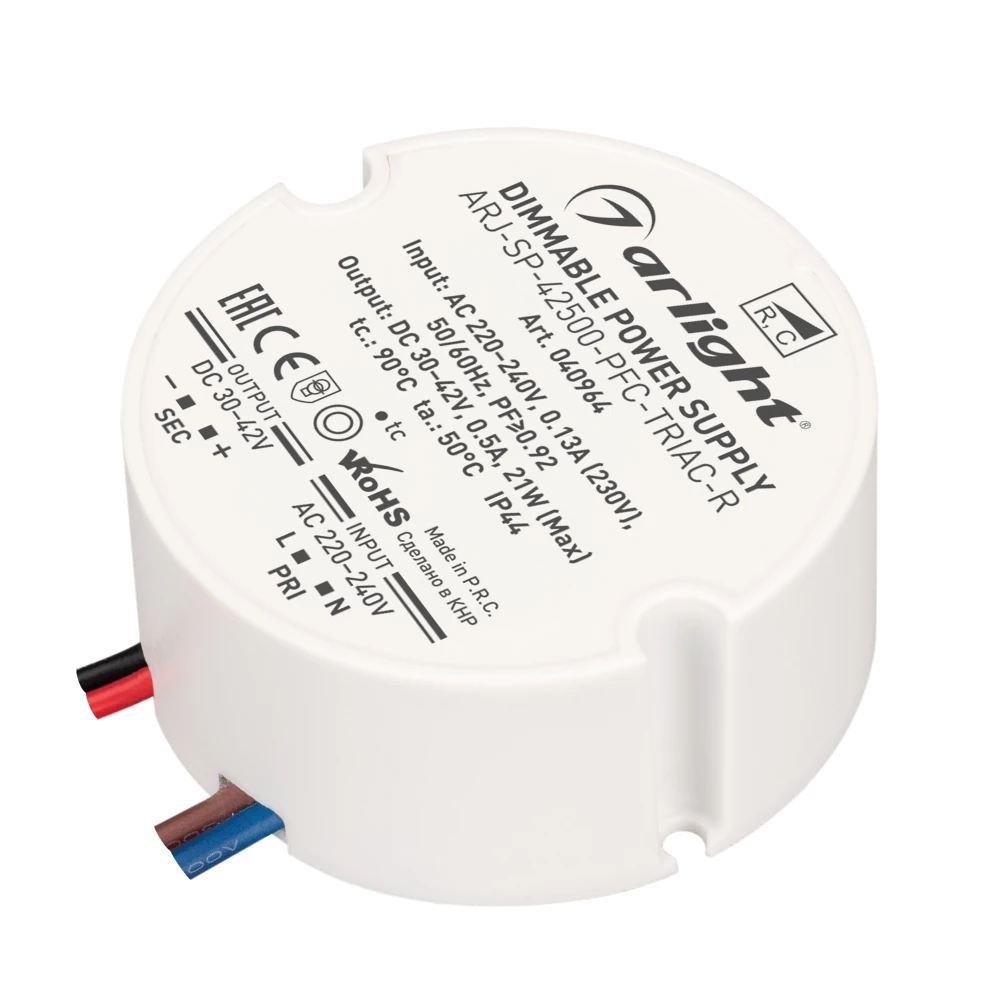 Блок питания ARJ-SP-42500-PFC-TRIAC-R (21W, 30-42V, 500mA) (Arlight, IP44 Пластик, 5 лет) 040964 - Viokon.com