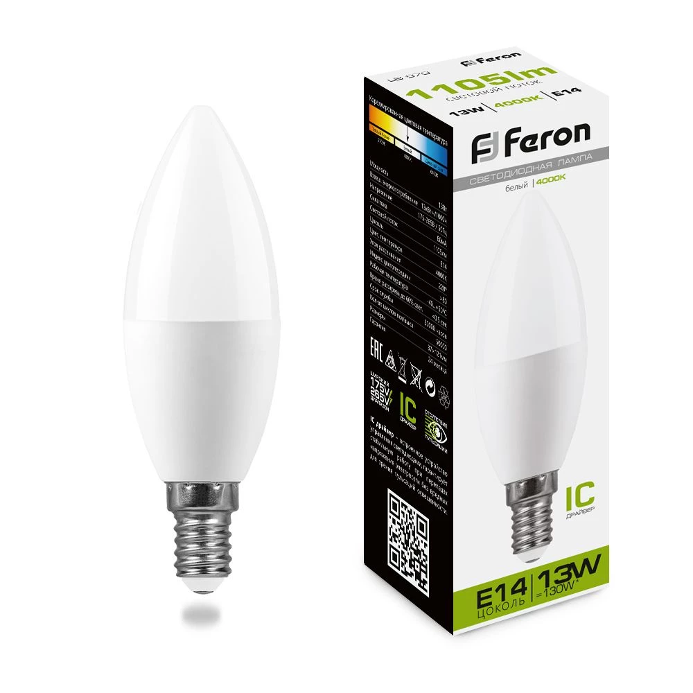 Лампа светодиодная Feron LB-970 Свеча E14 13W 175-265V 4000K (38108) - Viokon.com