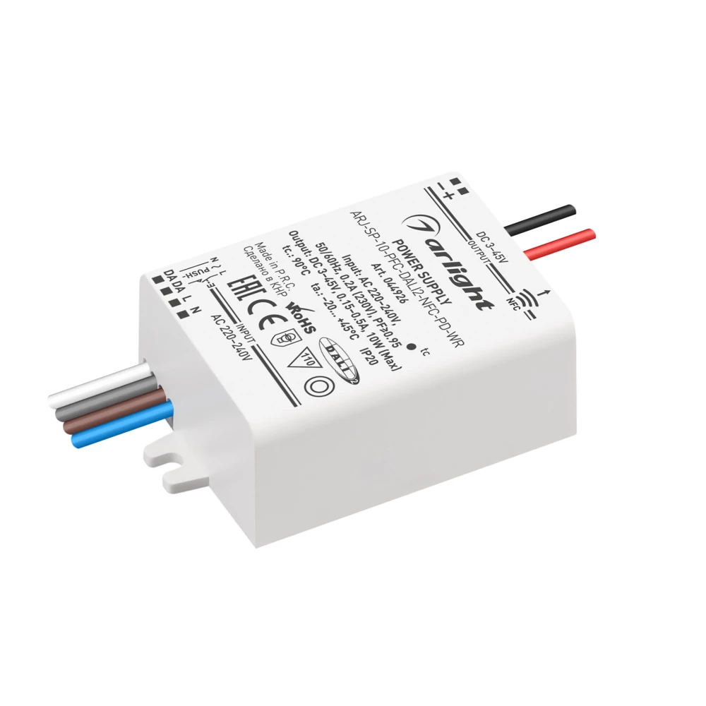 Блок питания ARJ-SP-10-PFC-DALI2-NFC-PD-WR (10W, 3-45V, 0.15-0.5A) (Arlight, IP20 Пластик, 5 лет) 044926 - Viokon.com