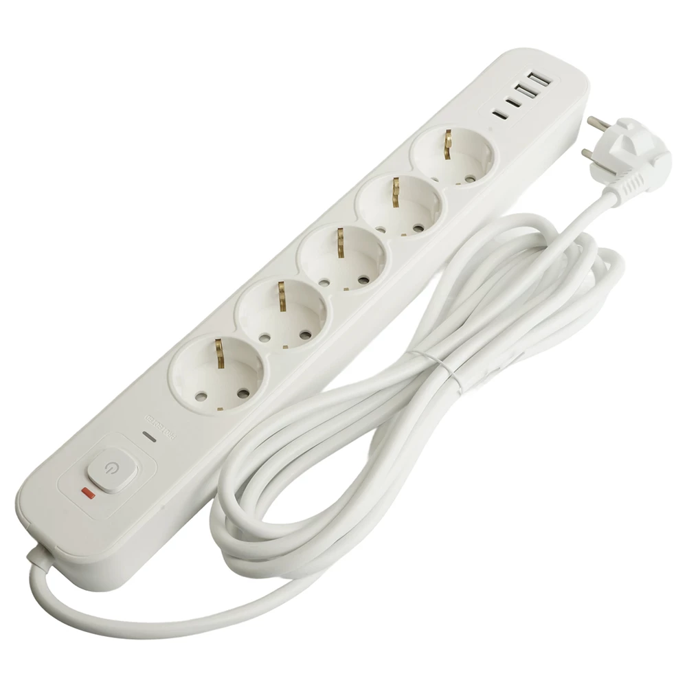 Сетевой фильтр 5-местный с/з STEKKER 3x1мм2, 3 м, 250В, 16А, 2 USB-A+2 Type-C 3, серия Nova, белый (50103) - Viokon.com