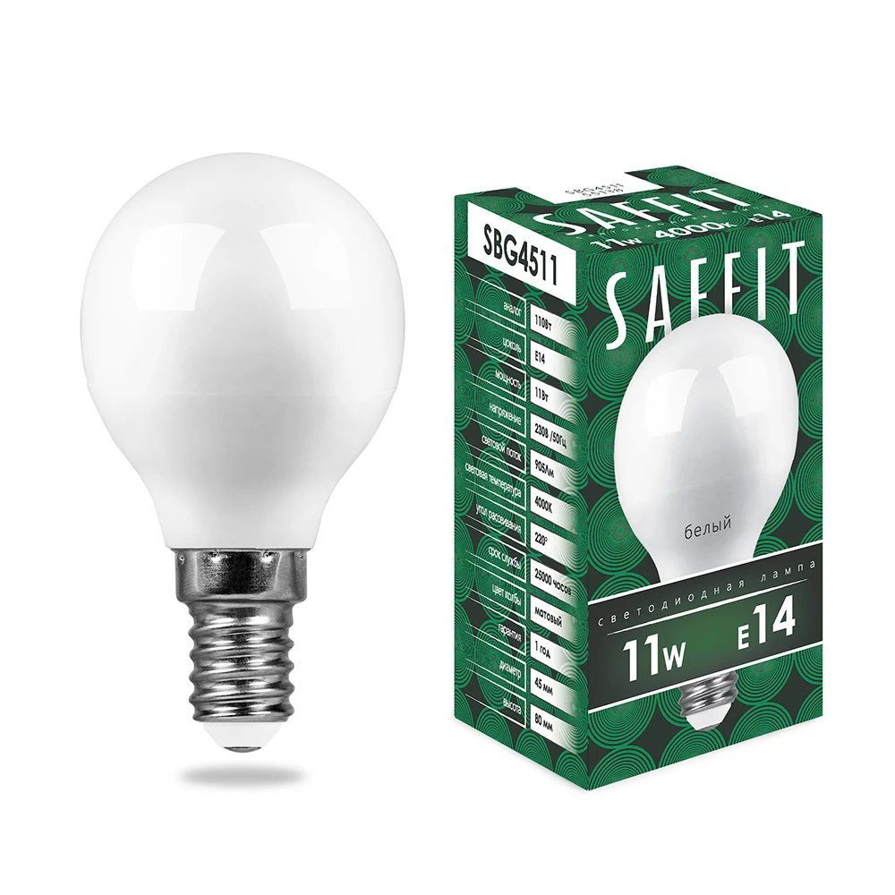 Лампа светодиодная SAFFIT SBG4511 Шарик E14 11W 230V 4000K (55138) - Viokon.com