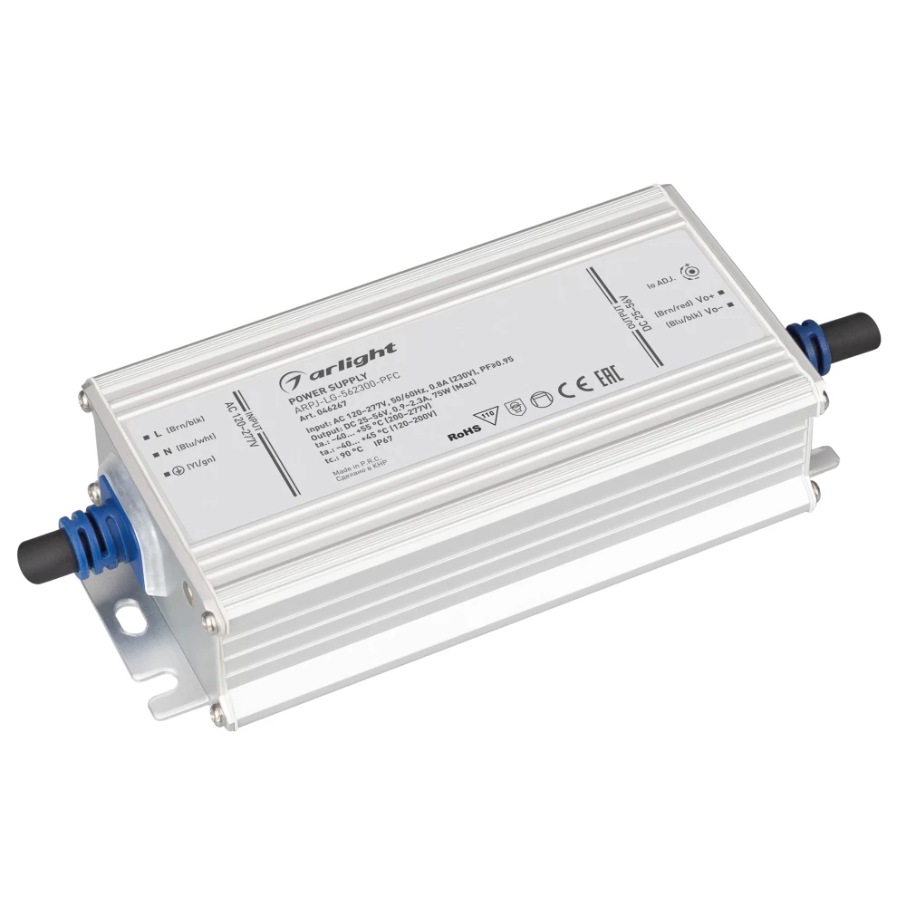 Блок питания ARPJ-LG-562300-PFC (75W, 25-56V, 0.9-2.3A) (Arlight, IP67 Металл, 5 лет) 046267 - Viokon.com