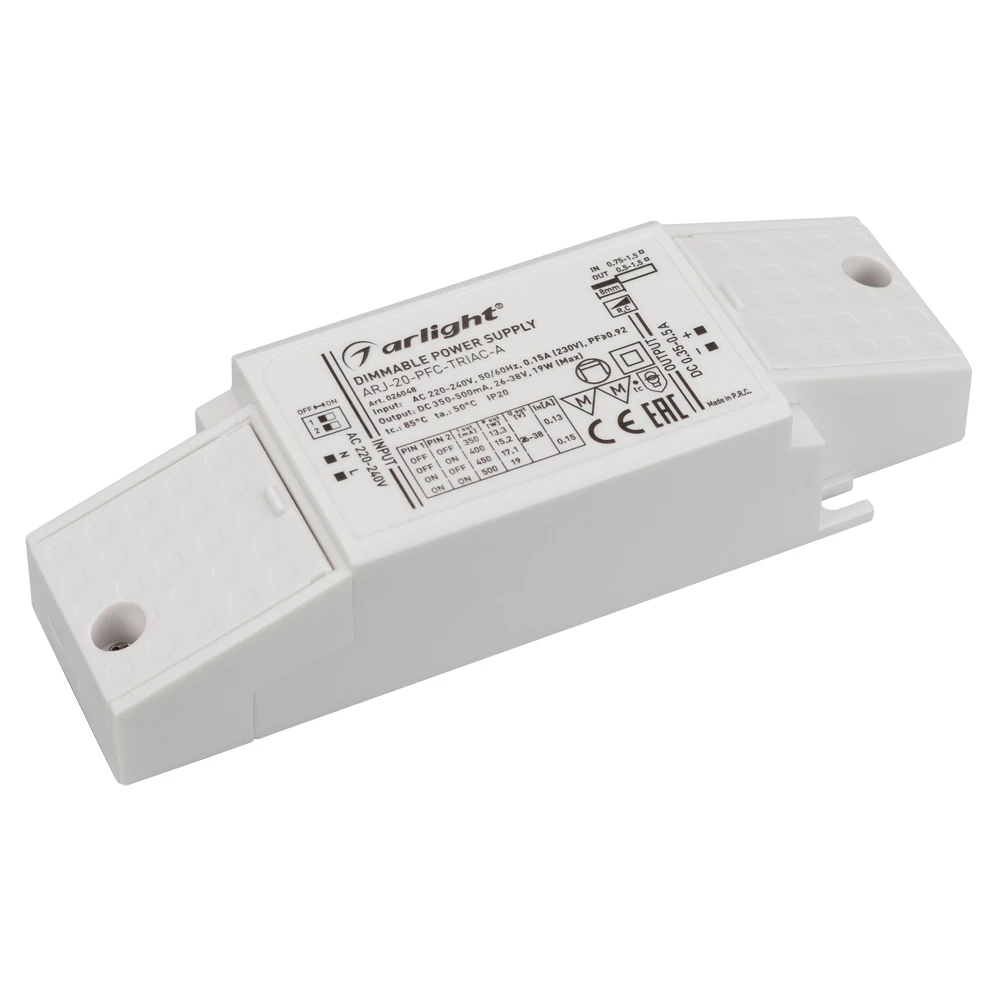 Блок питания ARJ-20-PFC-TRIAC-A (20W, 350-500mA) (Arlight, IP20 Пластик, 5 лет) 026048 - Viokon.com