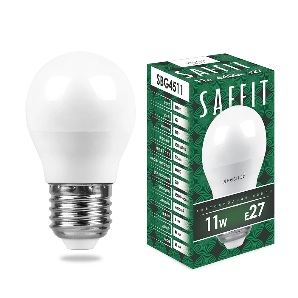 Лампа светодиодная SAFFIT SBG4511 Шарик E27 11W 230V 6400K (55141) - Viokon.com
