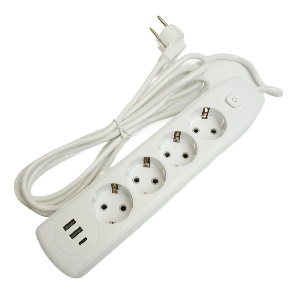 Удлинитель 4-местный c/з 3x1 мм2, 3 м, 250В, 10А, 2USB+1Type-C 2,4А, серия Home plus, белый STEKKER HM08-43-02 (49978) - Viokon.com