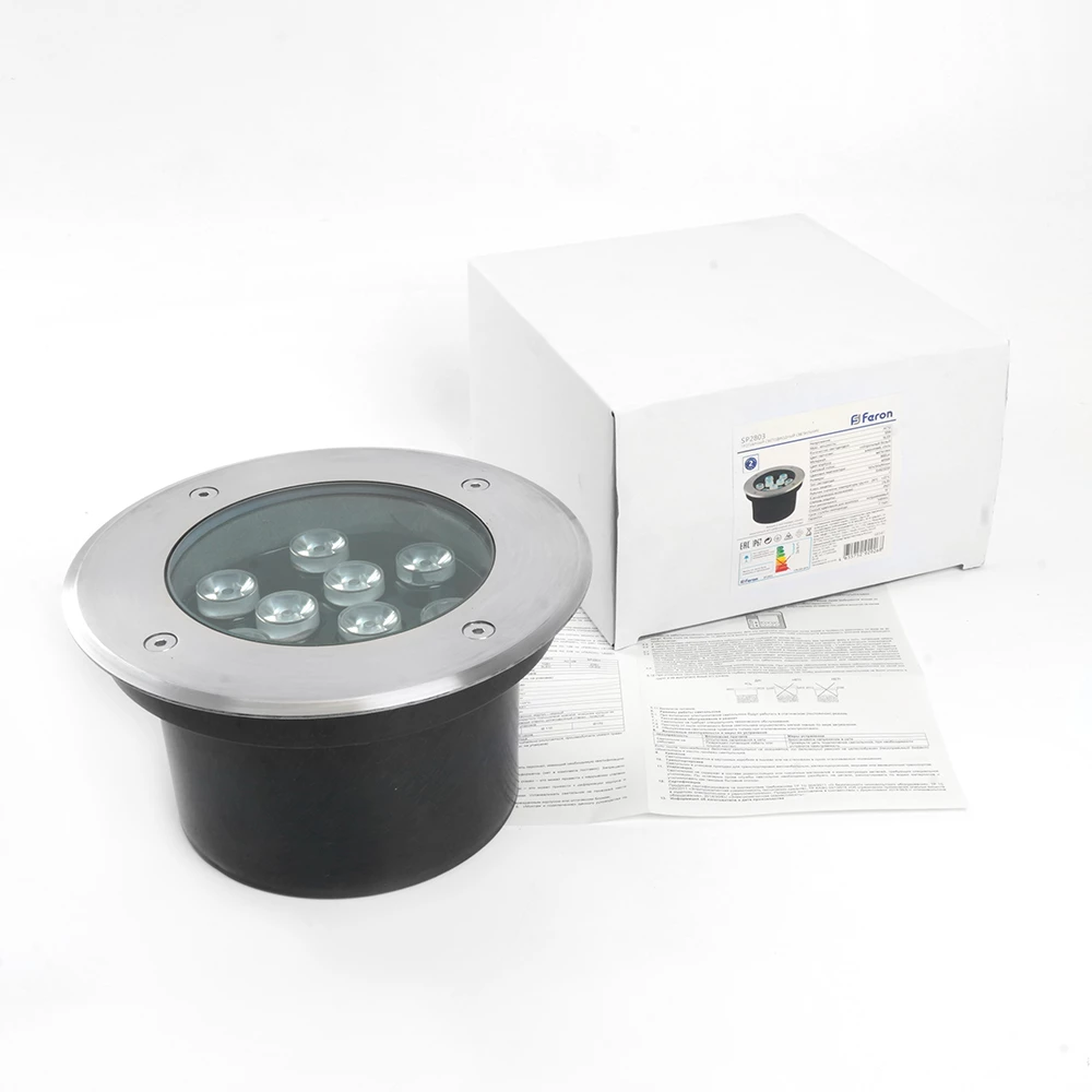 Светодиодный светильник тротуарный (грунтовый) Feron SP2803,10W, AC/DC12V, низковольтный, 4000К, металлик, D160*H90mm, вн.диаметр: 110mm, IP67 (48347) - Viokon.com