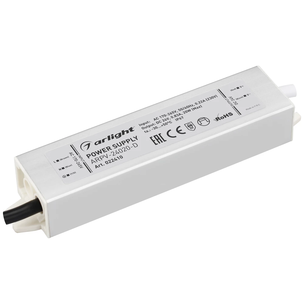 Блок питания ARPV-24020-D (24V, 0.8A, 20W) (Arlight, IP67 Металл, 3 года) 022410 - Viokon.com